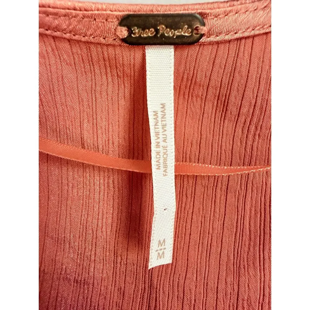 Free People Santiago Satin Top Pink Cinnamon Smocked Puff Sleeve Crop Blouse M